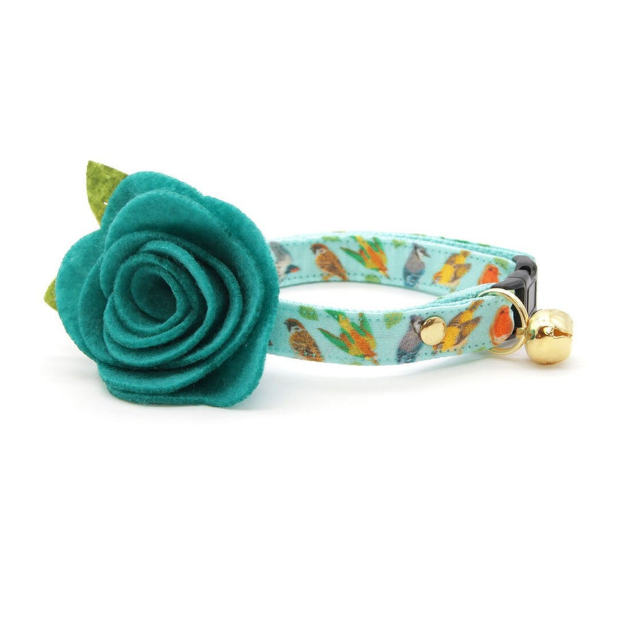 Cat Collar + Flower Set - "Birds of a Feather" - Robin's Egg Blue Cat Collar w/ Teal Felt Flower (Detachable)