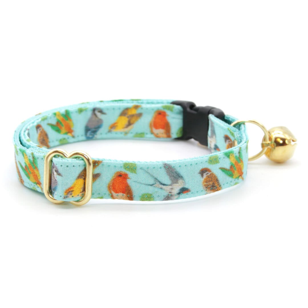 Cat Collar - "Birds of a Feather" - Robin's Egg Blue Bird Cat Collar / Bird Lover / Breakaway Buckle or Non-Breakaway / Cat, Kitten + Small Dog Sizes