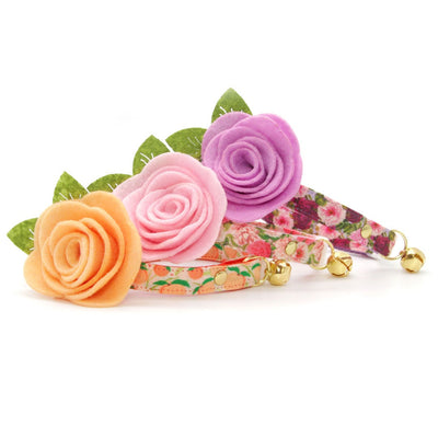 Cat Collar + Flower Set - "Pretty in Peony - Pink" - Peonies Cat Collar w/ Baby Pink Felt Flower (Detachable)