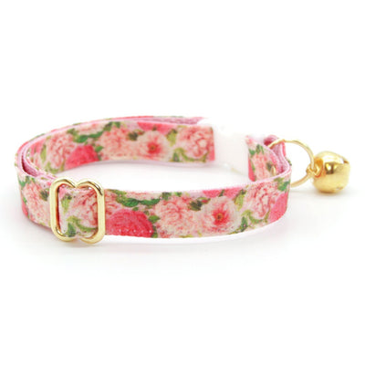 Cat Collar + Flower Set - "Pretty in Peony - Pink" - Peonies Cat Collar w/ Fuchsia Felt Flower (Detachable)