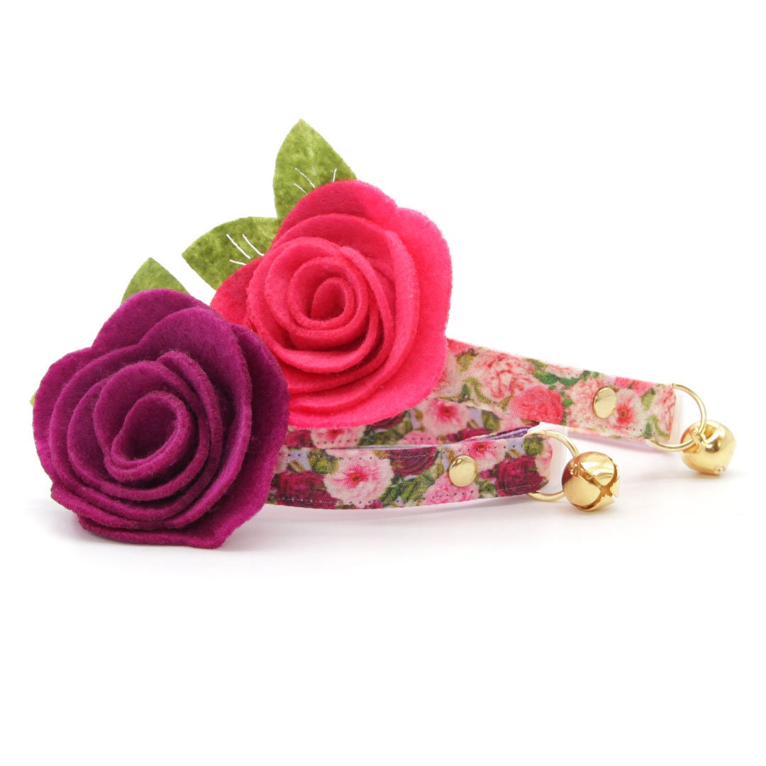 Cat Collar + Flower Set - "Pretty in Peony - Pink" - Peonies Cat Collar w/ Fuchsia Felt Flower (Detachable)