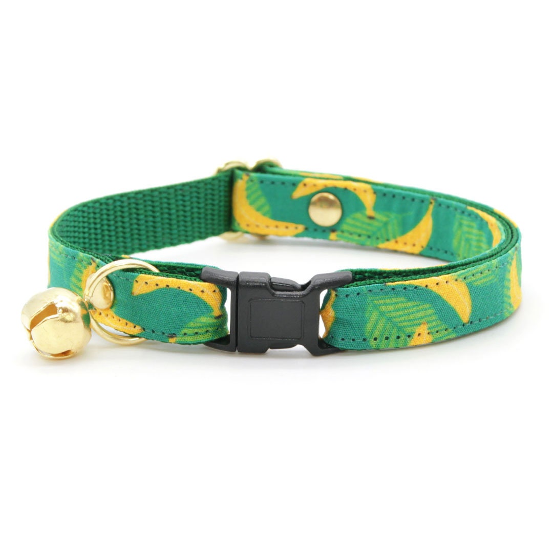 Cat Collar + Flower Set - "Going Bananas - Green" - Tropical Banana Cat Collar w/ Mint Felt Flower (Detachable)