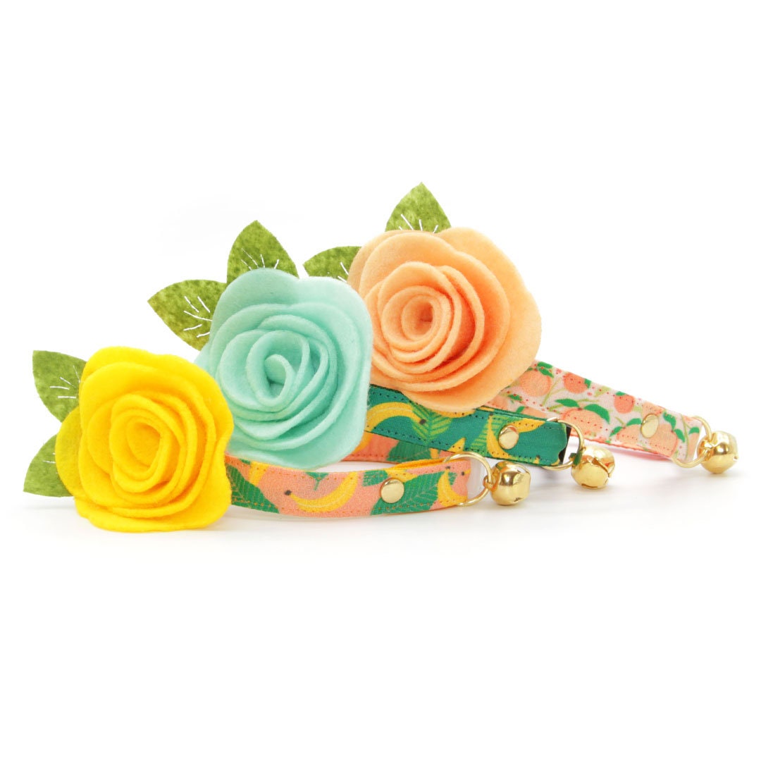 Cat Collar + Flower Set - "Going Bananas - Green" - Tropical Banana Cat Collar w/ Mint Felt Flower (Detachable)