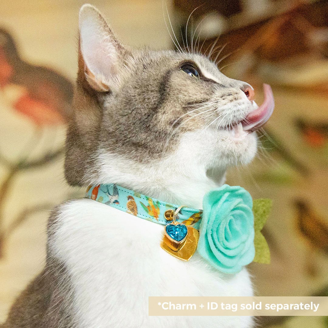 Cat Collar + Flower Set - "Birds of a Feather" - Robin's Egg Blue Cat Collar w/ Mint Felt Flower (Detachable)
