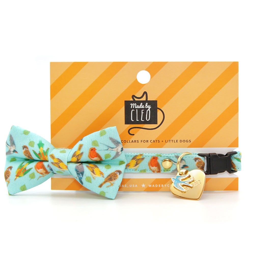 Cat Collar + Flower Set - "Birds of a Feather" - Robin's Egg Blue Cat Collar w/ Teal Felt Flower (Detachable)
