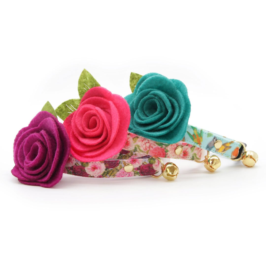 Cat Collar + Flower Set - "Birds of a Feather" - Robin's Egg Blue Cat Collar w/ Teal Felt Flower (Detachable)