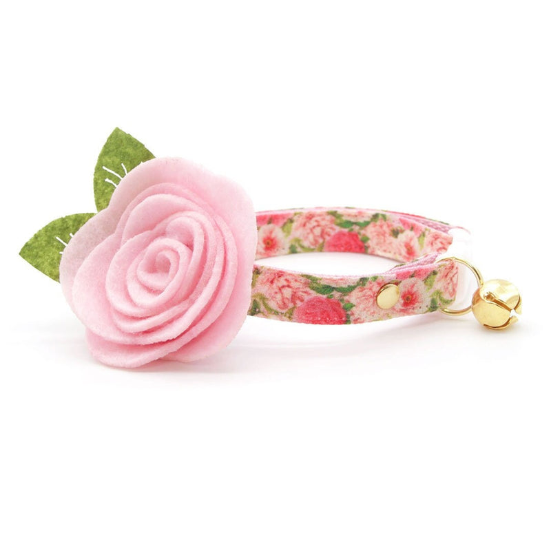 Cat Collar + Flower Set - "Pretty in Peony - Pink" - Peonies Cat Collar w/ Baby Pink Felt Flower (Detachable)