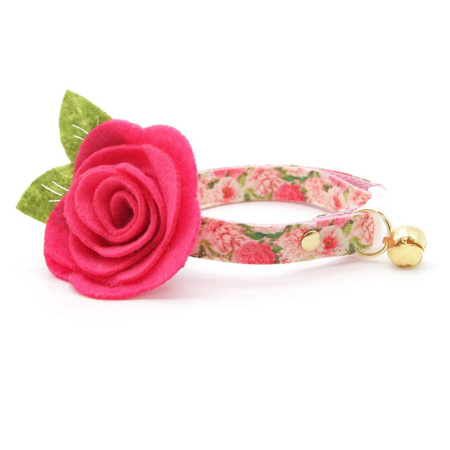 Cat Collar + Flower Set - "Pretty in Peony - Pink" - Peonies Cat Collar w/ Fuchsia Felt Flower (Detachable)