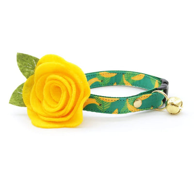 Cat Collar + Flower Set - "Going Bananas - Green" - Tropical Banana Cat Collar w/ Yellow Felt Flower (Detachable)