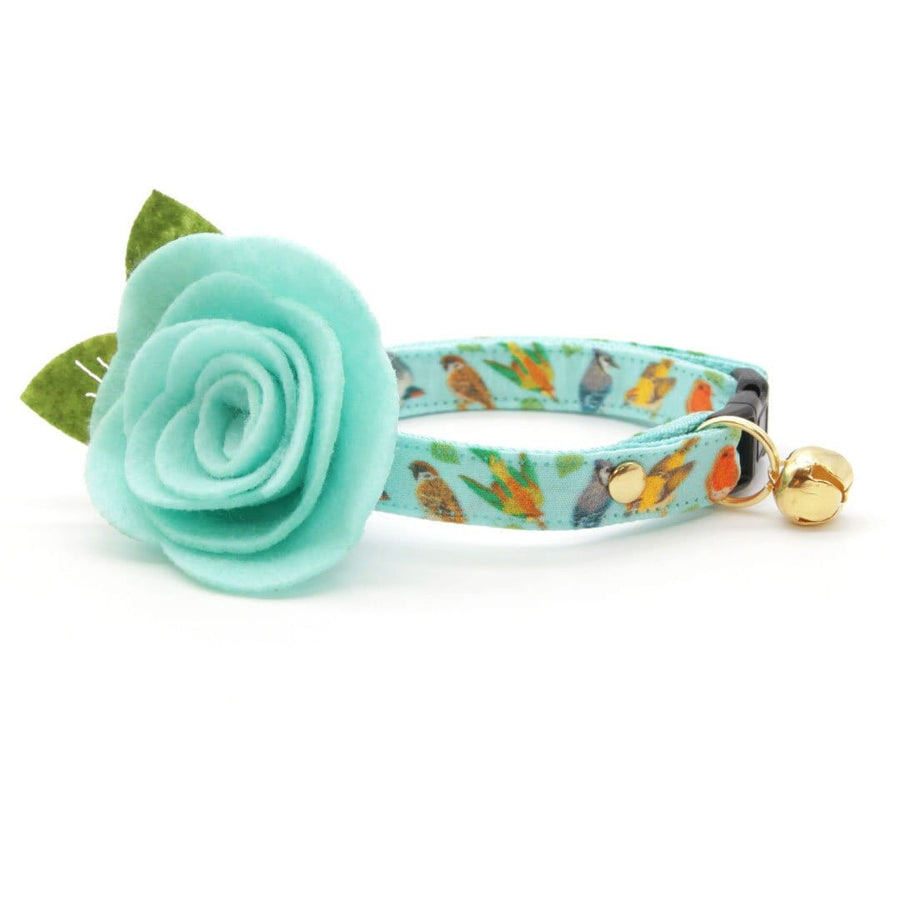 Cat Collar + Flower Set - "Birds of a Feather" - Robin's Egg Blue Cat Collar w/ Mint Felt Flower (Detachable)