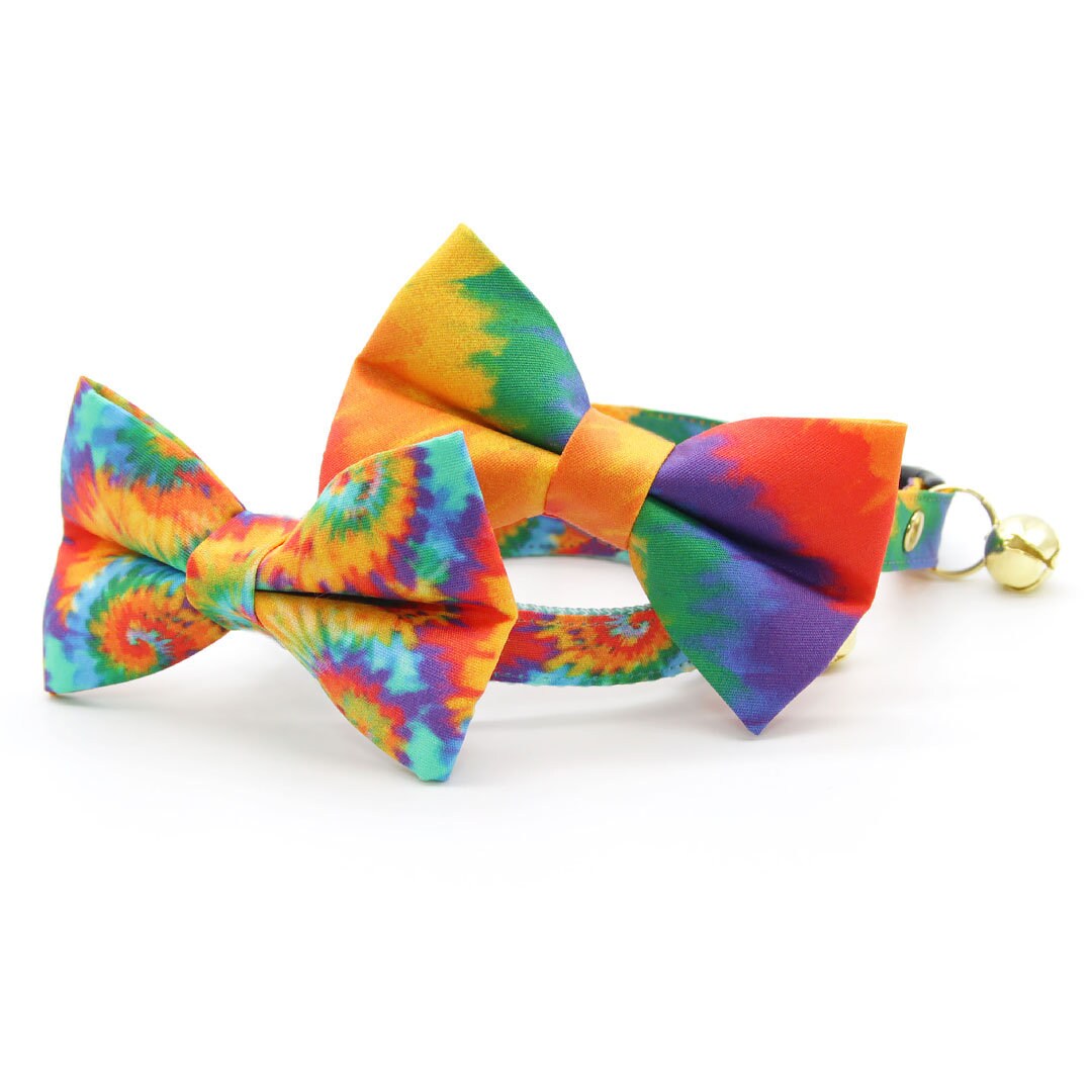 Bow Tie Cat Collar Set - "Woodstock" - Rainbow Tie Dye Cat Collar w/ Matching Bowtie / Summer, LGBTQ+ Pride, Boho, Hippie / Cat, Kitten, Small Dog Sizes