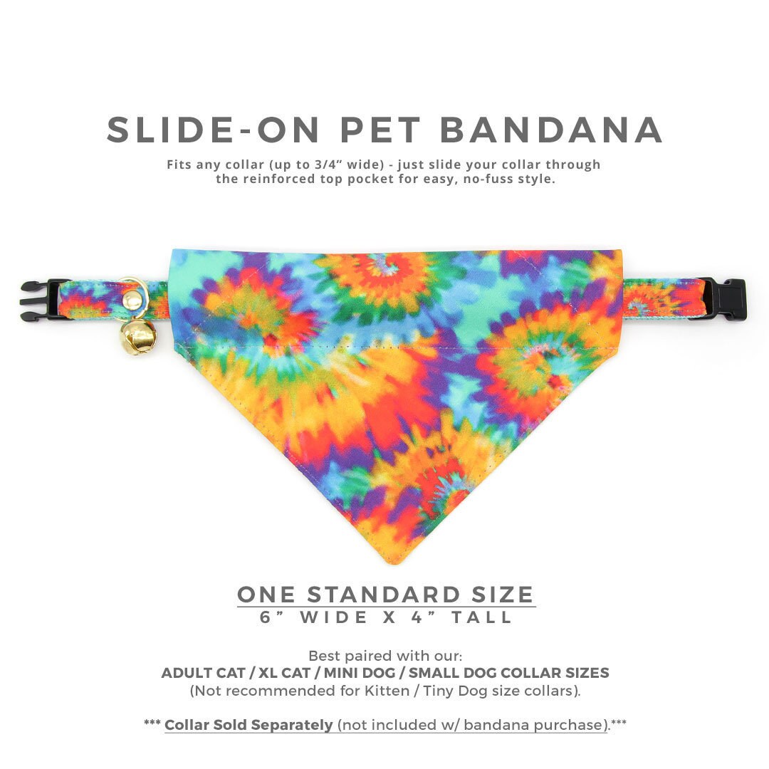 Pet Bandana - "Woodstock" - Rainbow Tie Dye Bandana for Cat + Small Dog / Summer, Boho, Hippie, LGBTQ+ Pride / Slide-on Bandana / Over-the-Collar (One Size)