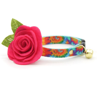 Cat Collar + Flower Set - "Woodstock" - Boho Tie Dye Cat Collar w/ Fuchsia Pink Felt Flower (Detachable)