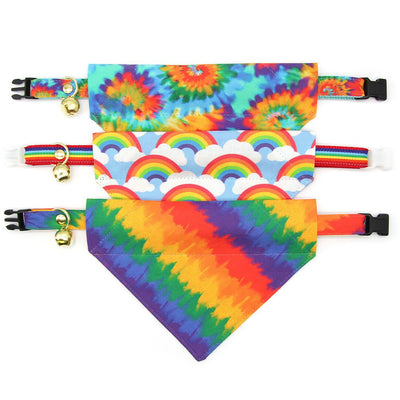 Pet Bandana - "Woodstock" - Rainbow Tie Dye Bandana for Cat + Small Dog / Summer, Boho, Hippie, LGBTQ+ Pride / Slide-on Bandana / Over-the-Collar (One Size)