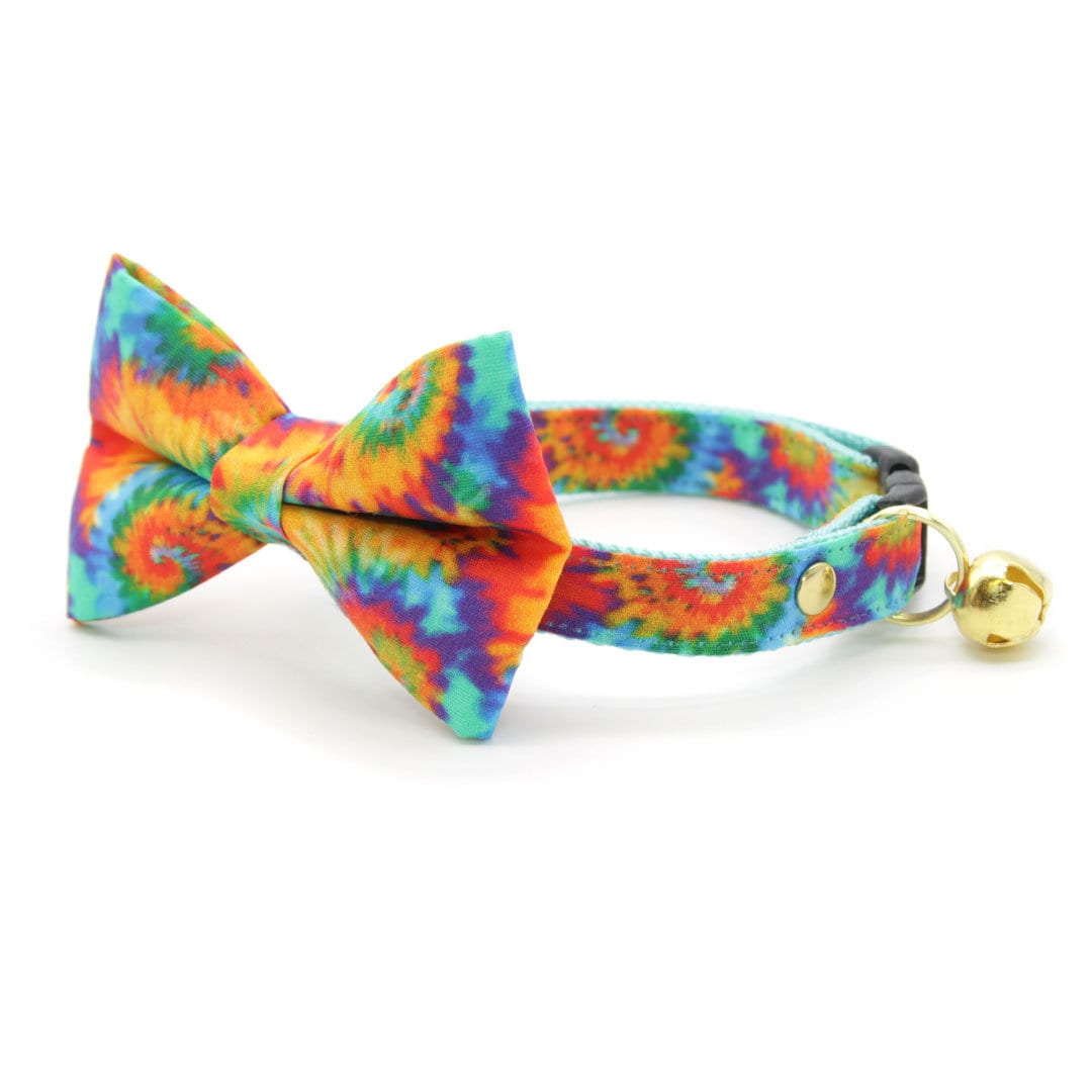 Bow Tie Cat Collar Set - "Woodstock" - Rainbow Tie Dye Cat Collar w/ Matching Bowtie / Summer, LGBTQ+ Pride, Boho, Hippie / Cat, Kitten, Small Dog Sizes