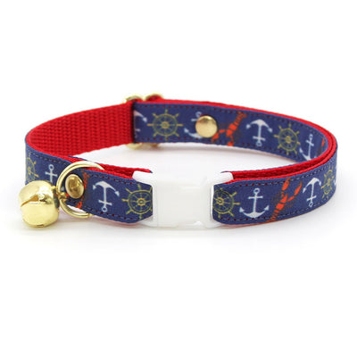 Cat Collar + Flower Set - "Nautical Navy" - Blue Anchor & Lobster Cat Collar w/ Scarlet Red Felt Flower (Detachable)