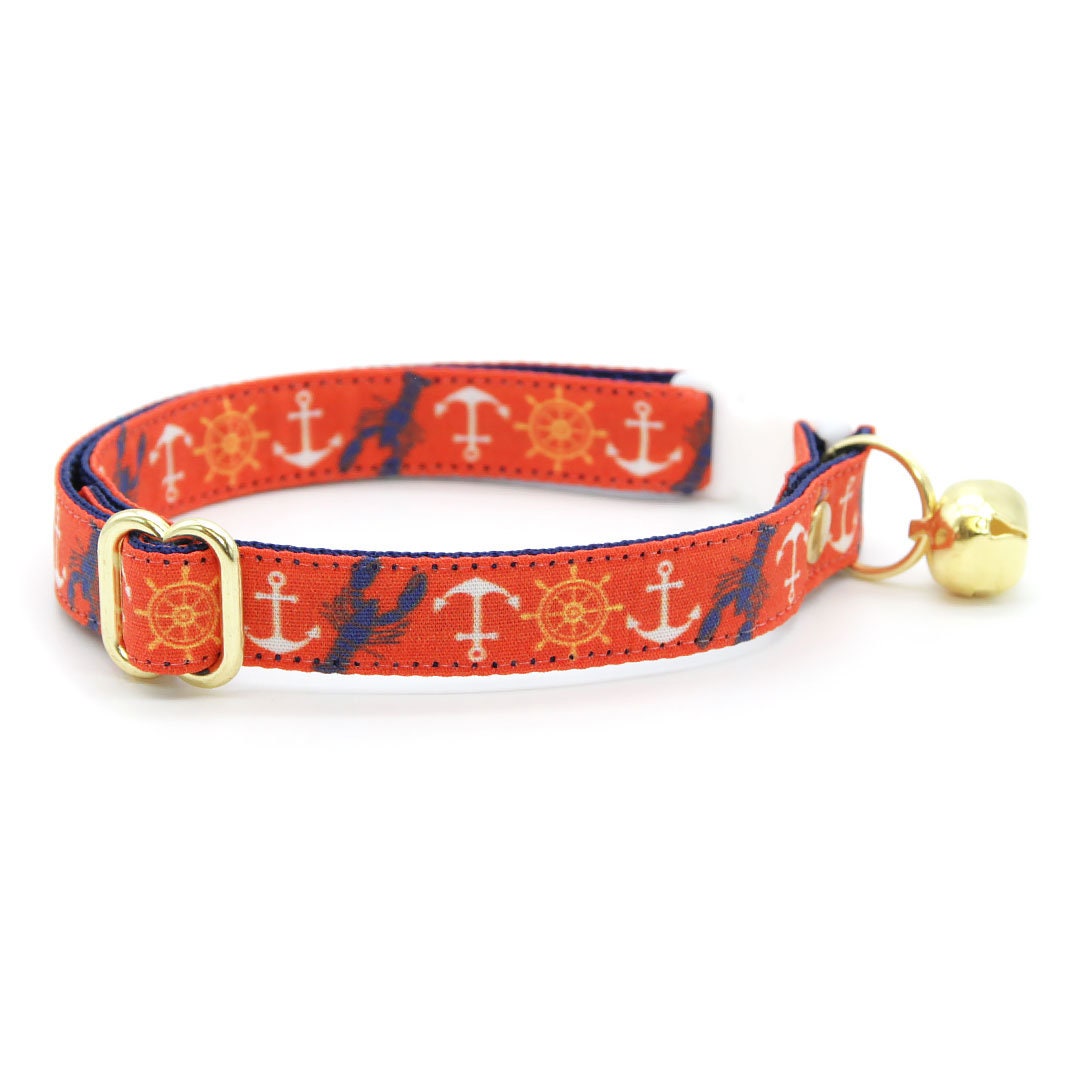 Cat Collar - Nautical Sunset - Coral Red Anchor & Lobster Cat