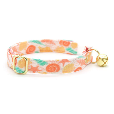 Cat Collar + Flower Set - "Seashell Beach" - Peach, Aqua & Coral Pink Shell Cat Collar w/ Peach Felt Flower (Detachable)