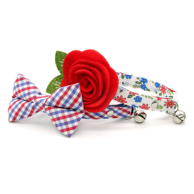 Cat Collar + Flower Set - "Home Sweet Home" - Red & Blue Floral Cat Collar w/ Scarlet Red Felt Flower (Detachable)