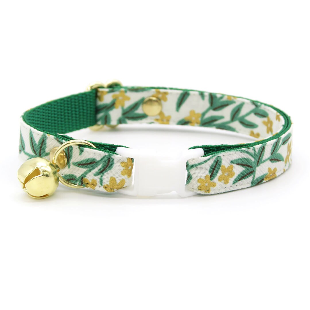 Cat Collar + Flower Set - "Golden Vine" - Rifle Paper Co® Green Leaf Cat Collar w/ Ivory Felt Flower (Detachable)