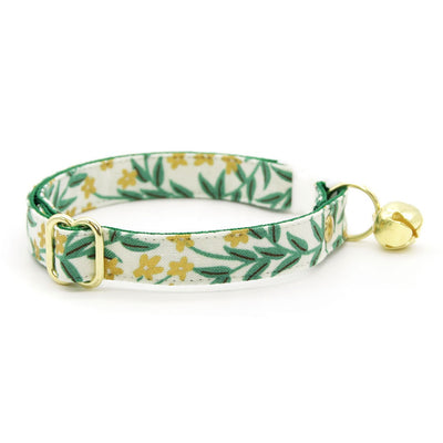 Cat Collar + Flower Set - "Golden Vine" - Rifle Paper Co® Green Leaf Cat Collar w/ Clover Green Felt Flower (Detachable)