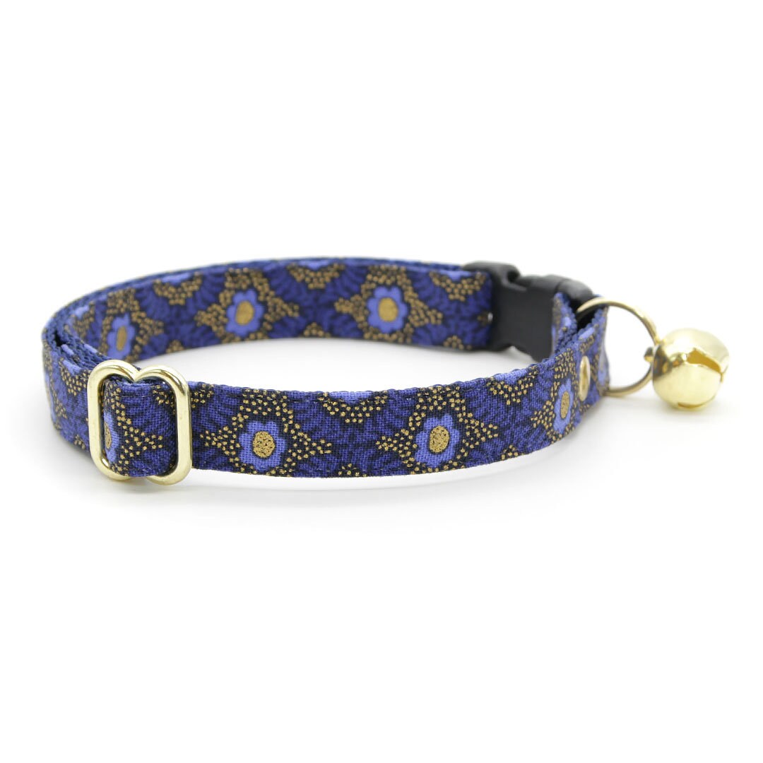 Cat Collar + Flower Set - "Santorini" - Rifle Paper Co® Metallic Gold & Blue Cat Collar w/ Ivory Felt Flower (Detachable)