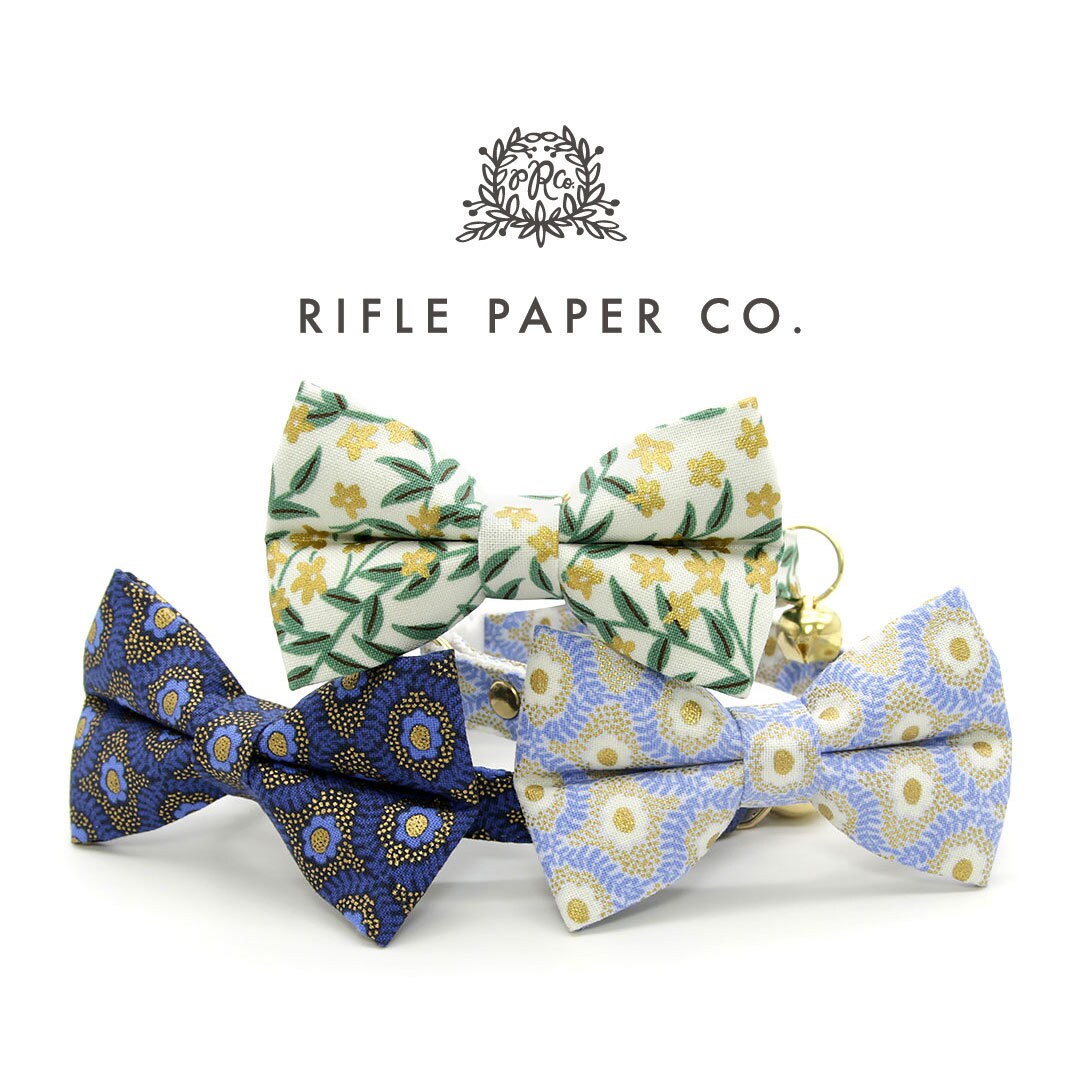 Pet Bow Tie - "Santorini" - Rifle Paper Co® Metallic Gold & Blue Cat Bow / For Cats + Small Dogs (One Size)
