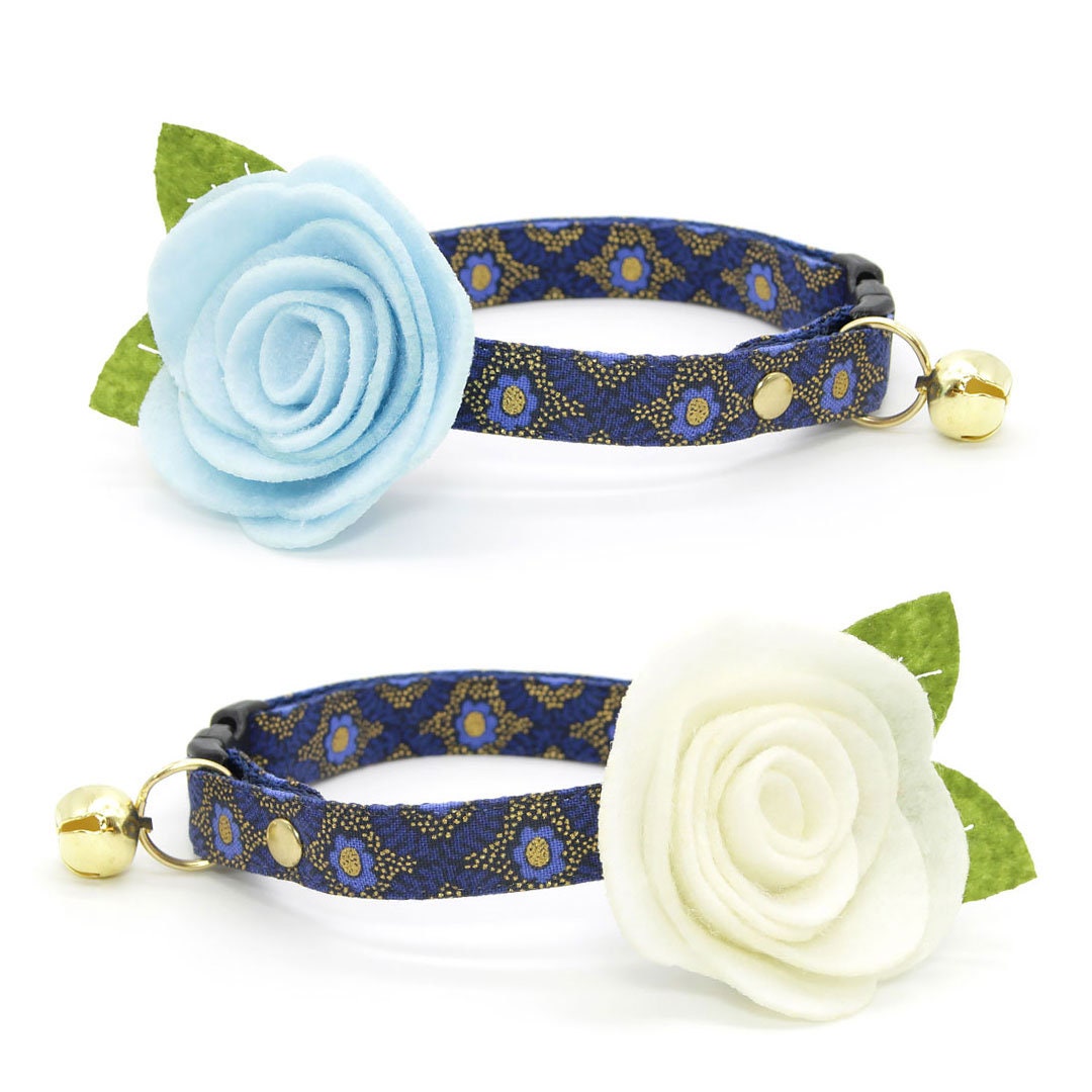 Cat Collar - "Santorini" - Rifle Paper Co® Metallic Gold & Blue Cat Collar / Breakaway Buckle or Non-Breakaway / Cat, Kitten + Small Dog Sizes