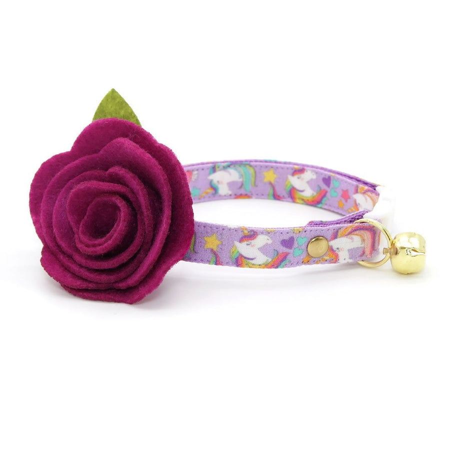Cat Collar + Flower Set - "Unicorn Fantasy" - Magical Unicorns Light Purple Cat Collar w/ Plum Felt Flower (Detachable)