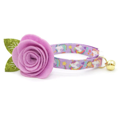 Cat Collar + Flower Set - "Unicorn Fantasy" - Magical Unicorns Light Purple Cat Collar w/ Lavender Felt Flower (Detachable)
