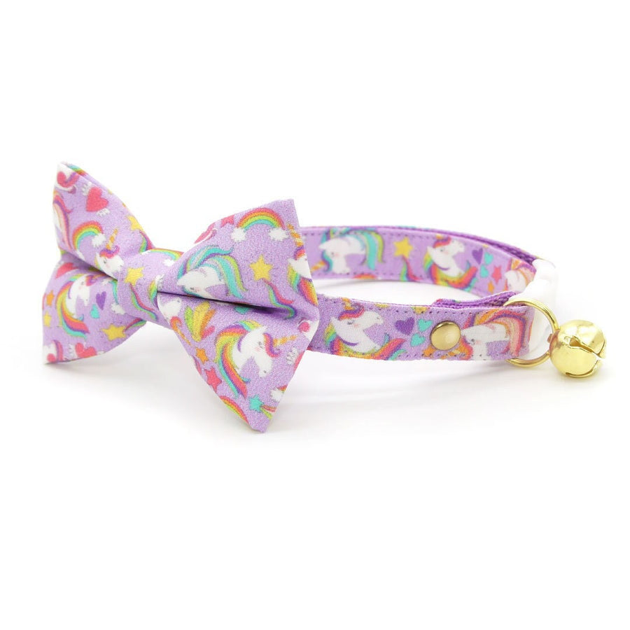 Bow Tie Cat Collar Set - "Unicorn Fantasy" - Magical Unicorns Light Purple Cat Collar w/ Matching Bowtie / Cat, Kitten, Small Dog Sizes