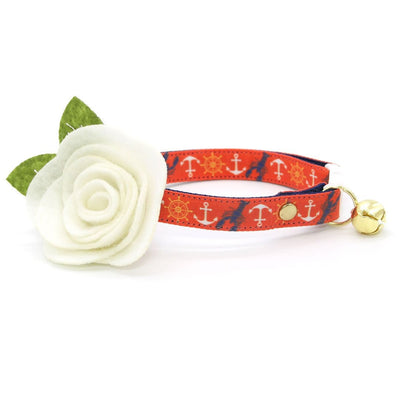 Cat Collar + Flower Set - "Nautical Sunset" - Coral Orange Red Anchor & Lobster Cat Collar w/ Ivory Felt Flower (Detachable)