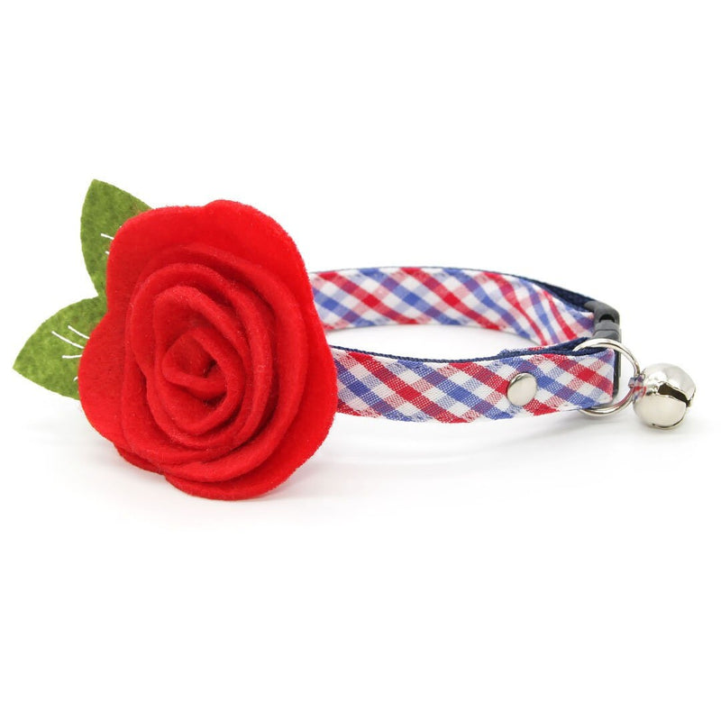 Cat Collar + Flower Set - "Heritage" - Gingham Red White & Blue Plaid Cat Collar w/ Scarlet Red Felt Flower (Detachable)