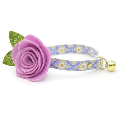 Cat Collar + Flower Set - "Capri" - Rifle Paper Co® Metallic Gold & Periwinkle Cat Collar w/ Lavender Felt Flower (Detachable)