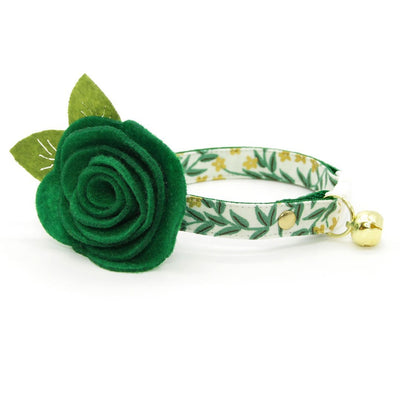 Cat Collar + Flower Set - "Golden Vine" - Rifle Paper Co® Green Leaf Cat Collar w/ Clover Green Felt Flower (Detachable)