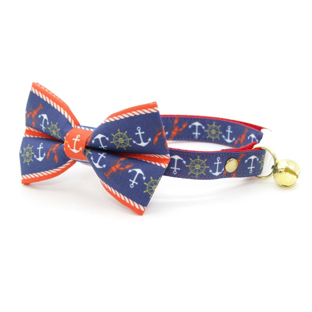 Bow Tie Cat Collar Set - "Nautical Navy" - Blue Anchor & Lobster Cat Collar w/ Matching Bowtie / Cat, Kitten, Small Dog Sizes