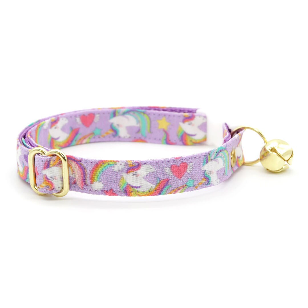 Cat Collar + Flower Set - "Unicorn Fantasy" - Magical Unicorns Light Purple Cat Collar w/ Lavender Felt Flower (Detachable)
