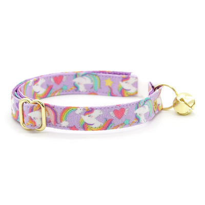 Cat Collar + Flower Set - "Unicorn Fantasy" - Magical Unicorns Light Purple Cat Collar w/ Baby Pink Felt Flower (Detachable)