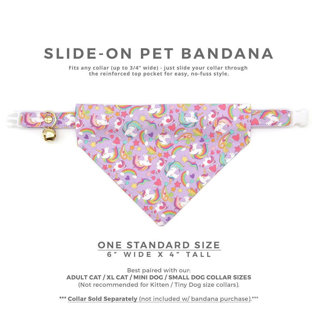 Pet Bandana - "Unicorn Fantasy" - Magical Unicorns Light Purple Bandana for Cat + Small Dog / Slide-on Bandana / Over-the-Collar (One Size)