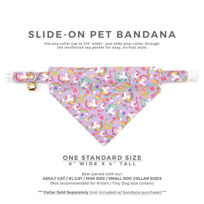 Pet Bandana - "Unicorn Fantasy" - Magical Unicorns Light Purple Bandana for Cat + Small Dog / Slide-on Bandana / Over-the-Collar (One Size)