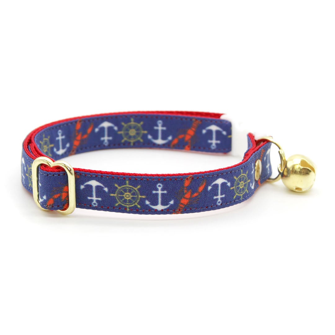 Cat Collar + Flower Set - "Nautical Navy" - Blue Anchor & Lobster Cat Collar w/ Scarlet Red Felt Flower (Detachable)
