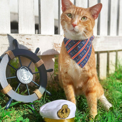 Pet Bandana - "Nautical Navy" - Blue Anchor & Lobster Bandana for Cat + Small Dog / Slide-on Bandana / Over-the-Collar (One Size)