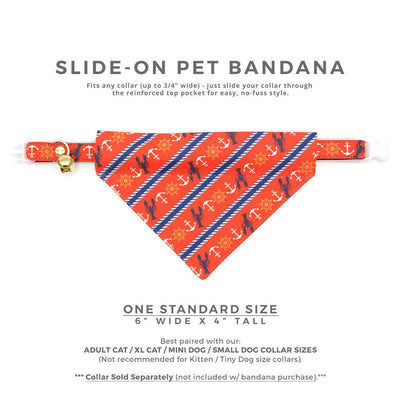 Pet Bandana - "Nautical Sunset" - Coral Red Anchor & Lobster Bandana for Cat + Small Dog / Slide-on Bandana / Over-the-Collar (One Size)