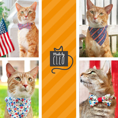 Pet Bow Tie - "Home Sweet Home" - Red & Blue Floral Cat Bow / 4th of July, Patriotic, Independence Day / For Cats + Small Dogs (One Size)