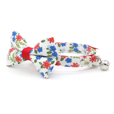 Cat Collar - "Home Sweet Home" - Red & Blue Floral Cat Collar / Patriotic, Independence Day, 4th of July / Breakaway Buckle or Non-Breakaway / Cat, Kitten + Small Dog Sizes