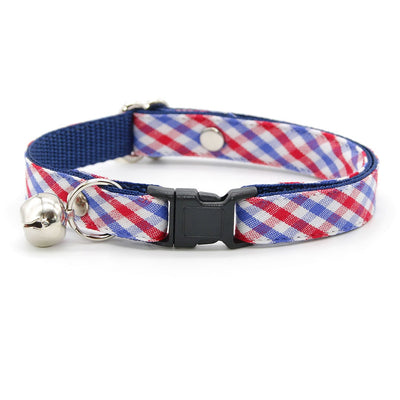 Cat Collar - "Heritage" - Gingham Red White & Blue Plaid Cat Collar / Patriotic, Independence Day, 4th of July / Breakaway Buckle or Non-Breakaway / Cat, Kitten + Small Dog Sizes