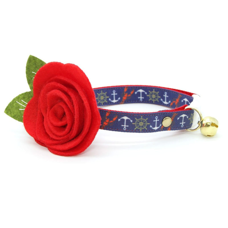 Cat Collar + Flower Set - "Nautical Navy" - Blue Anchor & Lobster Cat Collar w/ Scarlet Red Felt Flower (Detachable)