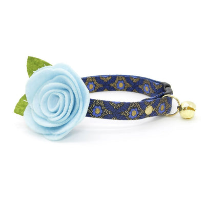Cat Collar + Flower Set - "Santorini" - Rifle Paper Co® Metallic Gold & Blue Cat Collar w/ Sky Blue Felt Flower (Detachable)
