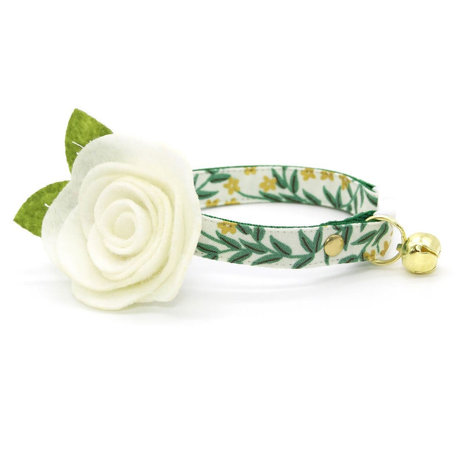 Cat Collar + Flower Set - "Golden Vine" - Rifle Paper Co® Green Leaf Cat Collar w/ Ivory Felt Flower (Detachable)