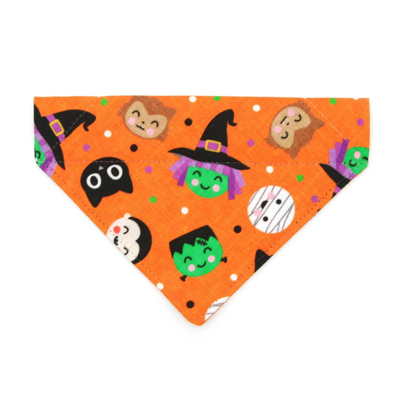 Pet Bandana - "Monster Party" - Halloween Orange Bandana for Cat + Small Dog / Witch, Frankenstein, Mummy / Slide-on Bandana / Over-the-Collar (One Size)